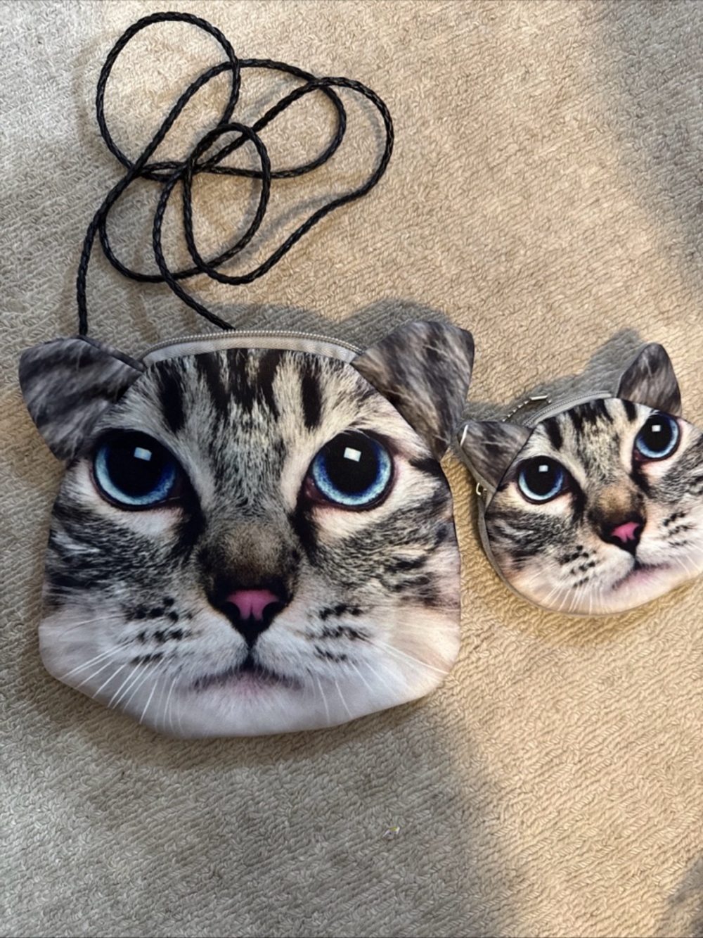 Cat Face Crossbody Bag and Coin Purse Set - Gray Tabby